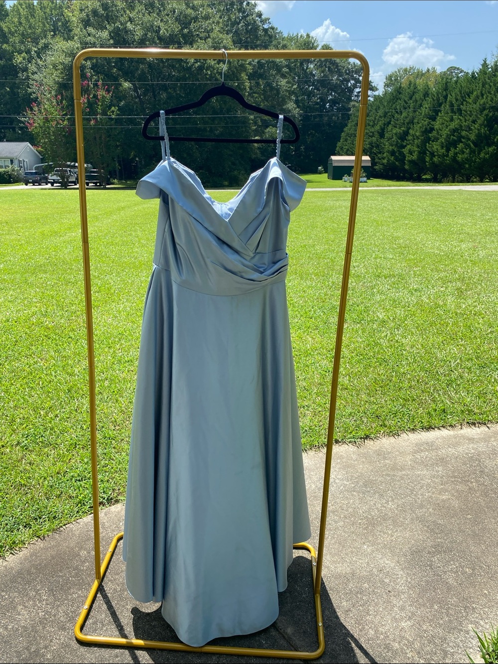 Oleg Cassini Powder Blue Off-Shoulder Satin Gown
